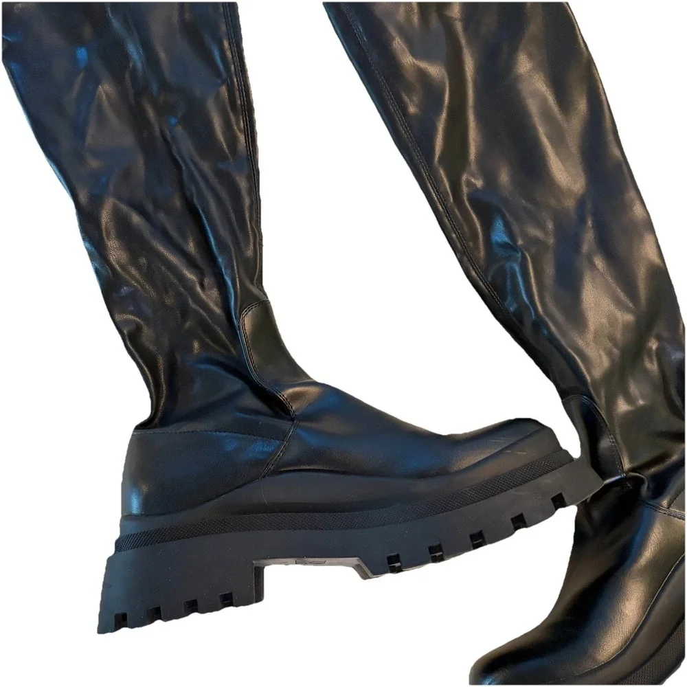 Zara Black Faux Leather Flat Over The Knee Boots Combat Long Tall Size 40